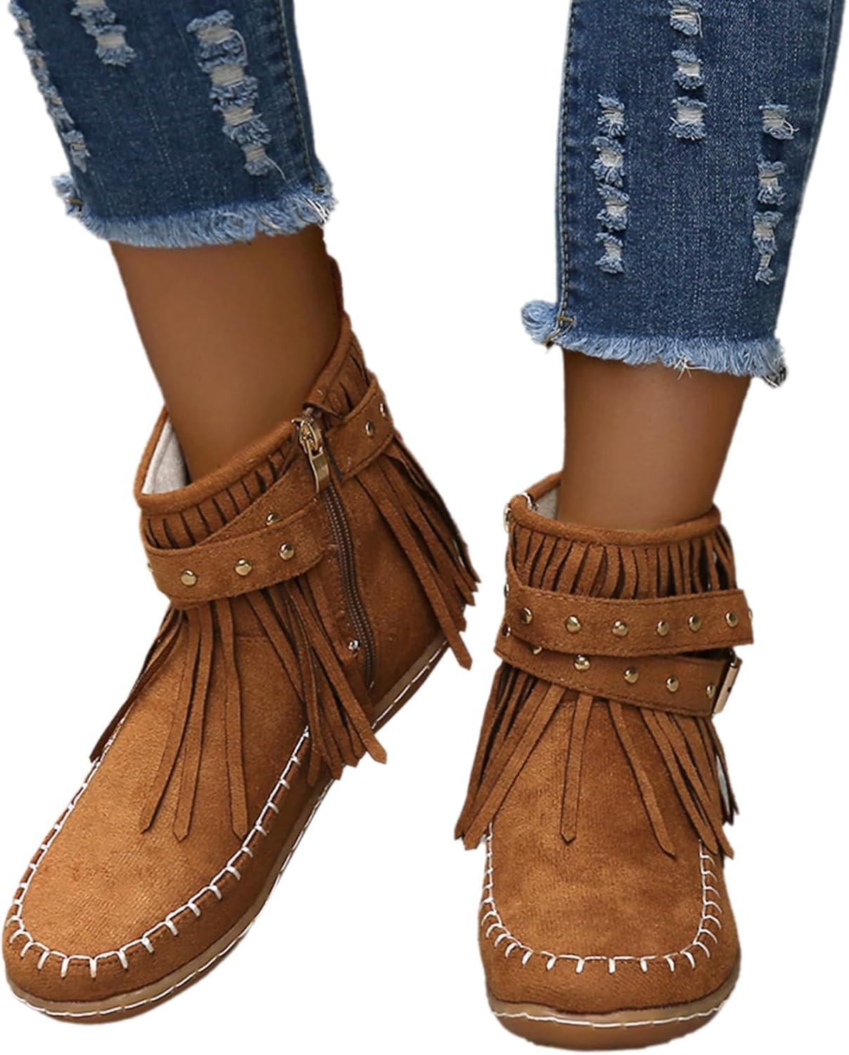 image:imageGnrique Bottines plates pour femmes bottines Chelsea bottes western dtails franges cloutes bottes dhiver confortables et chaudes en daim synthtiqueMarron Jaune