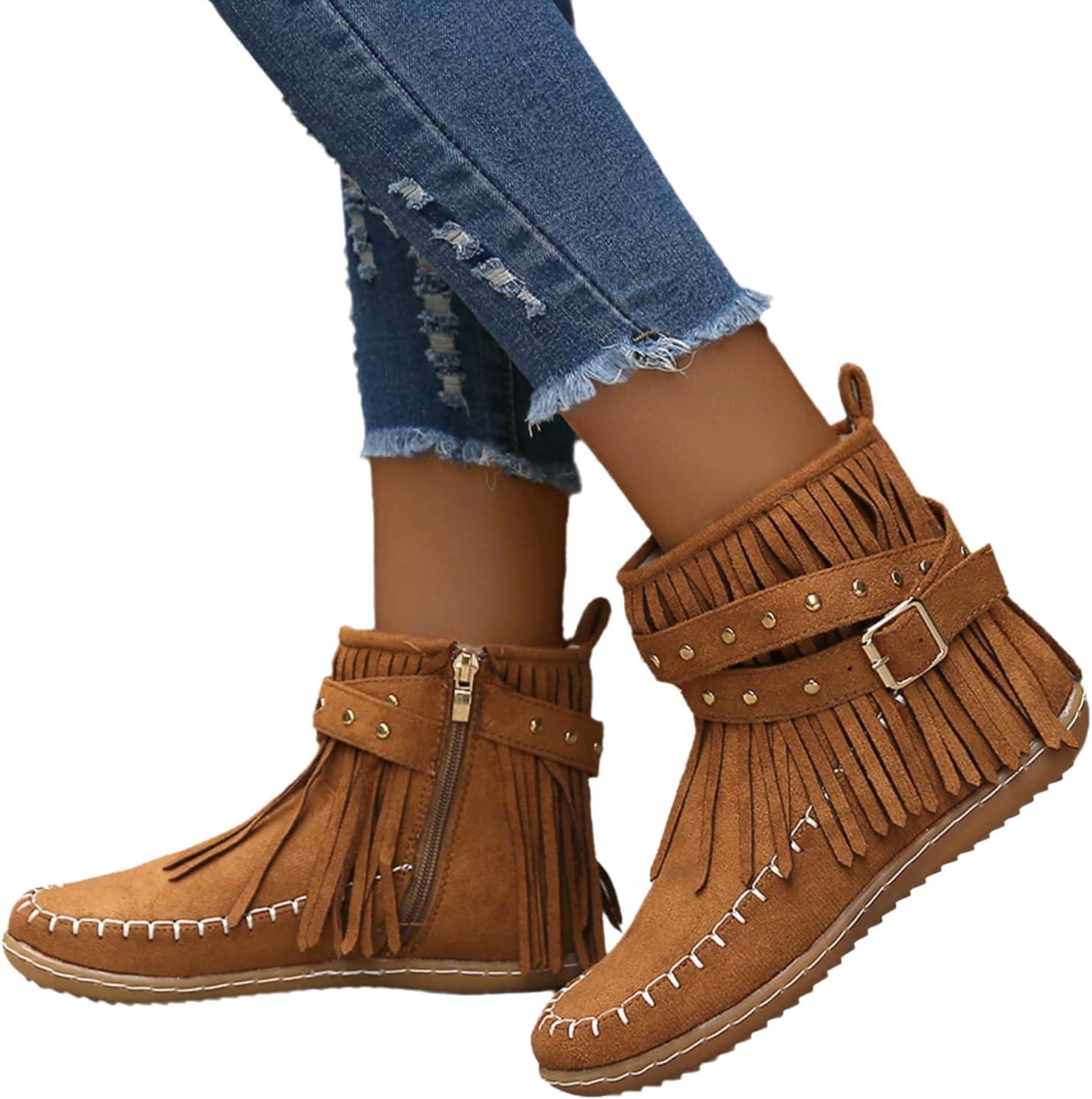 image:imageGnrique Bottines plates pour femmes bottines Chelsea bottes western dtails franges cloutes bottes dhiver confortables et chaudes en daim synthtiqueMarron Jaune