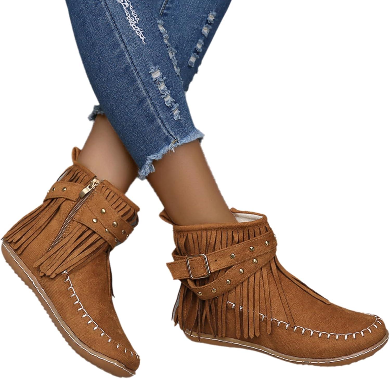 image:imageGnrique Bottines plates pour femmes bottines Chelsea bottes western dtails franges cloutes bottes dhiver confortables et chaudes en daim synthtiqueMarron Jaune