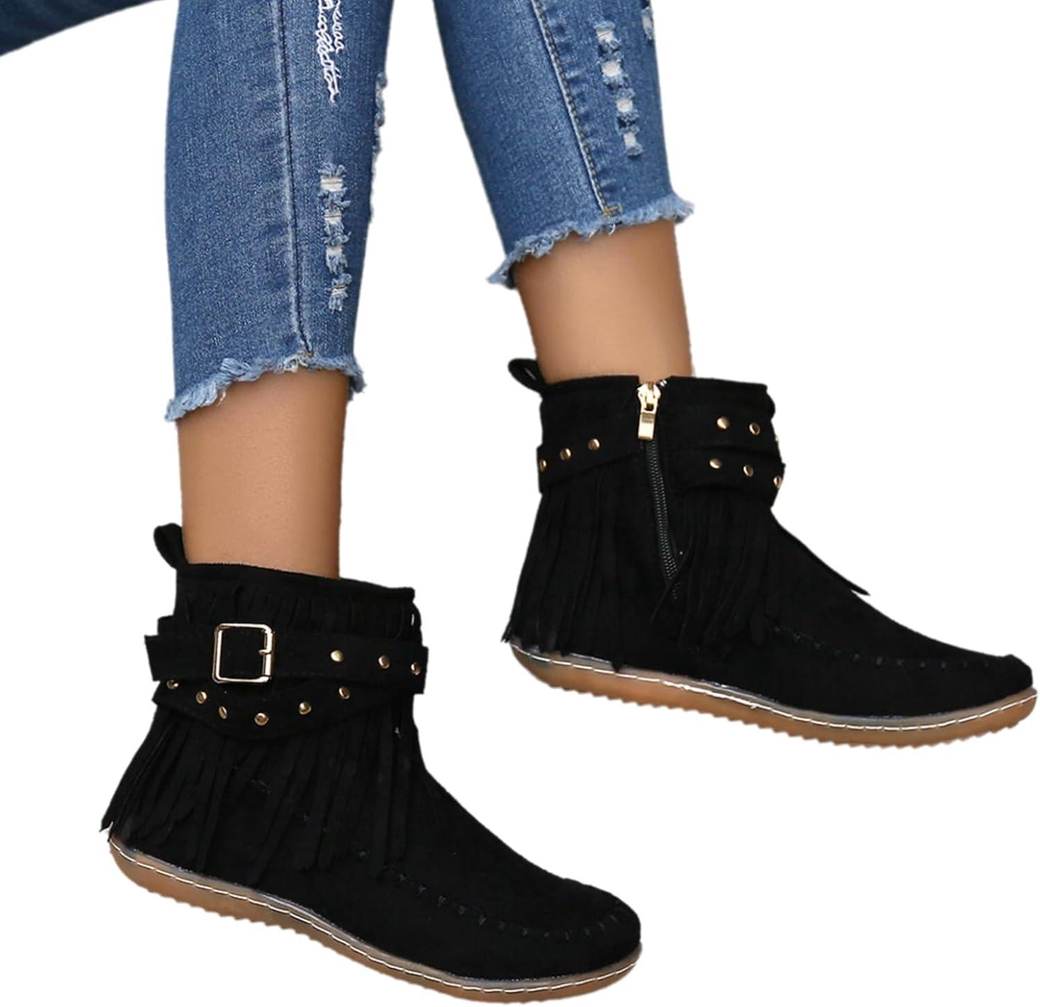 image:imageGnrique Bottines plates pour femmes bottines Chelsea bottes western dtails franges cloutes bottes dhiver confortables et chaudes en daim synthtiqueNoir