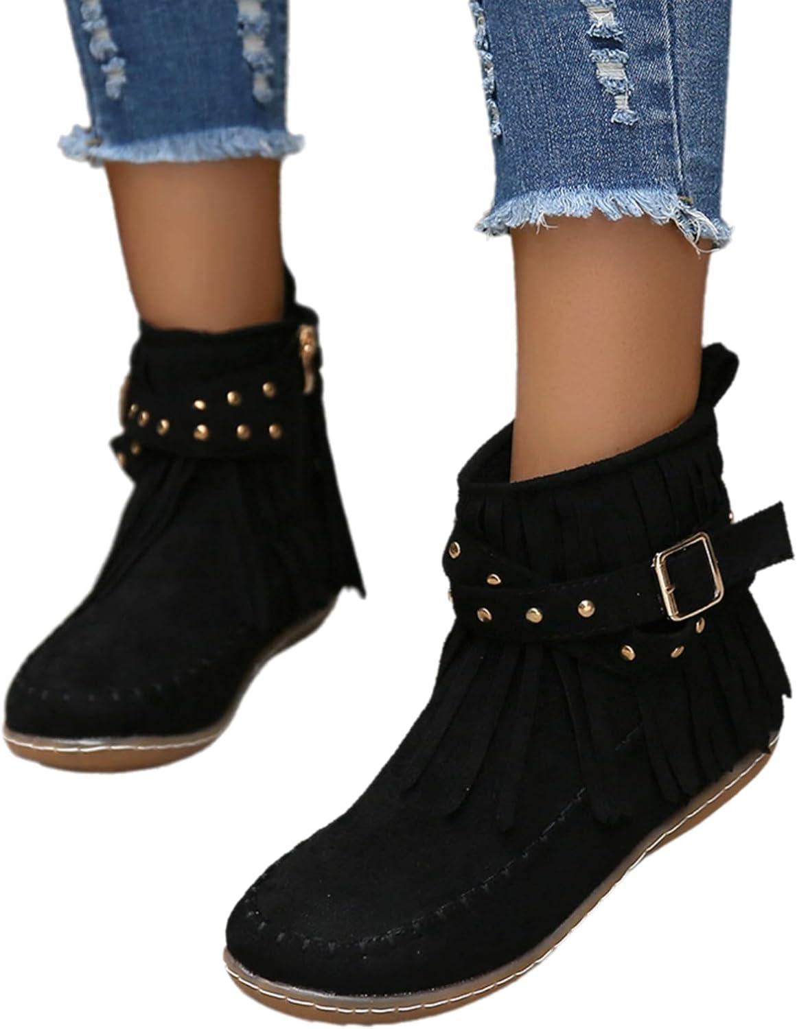 image:imageGnrique Bottines plates pour femmes bottines Chelsea bottes western dtails franges cloutes bottes dhiver confortables et chaudes en daim synthtiqueNoir