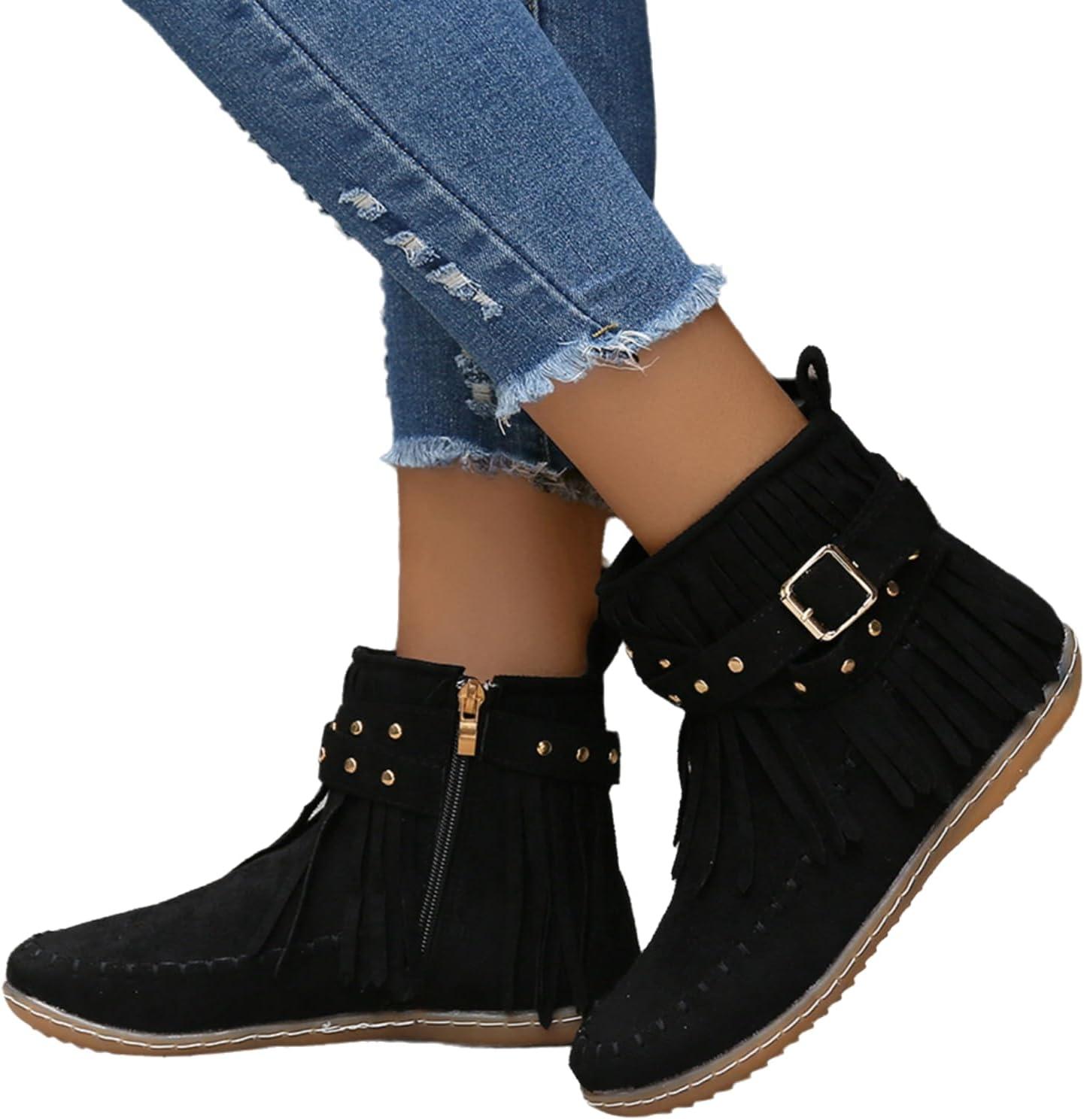 image:imageGnrique Bottines plates pour femmes bottines Chelsea bottes western dtails franges cloutes bottes dhiver confortables et chaudes en daim synthtiqueNoir