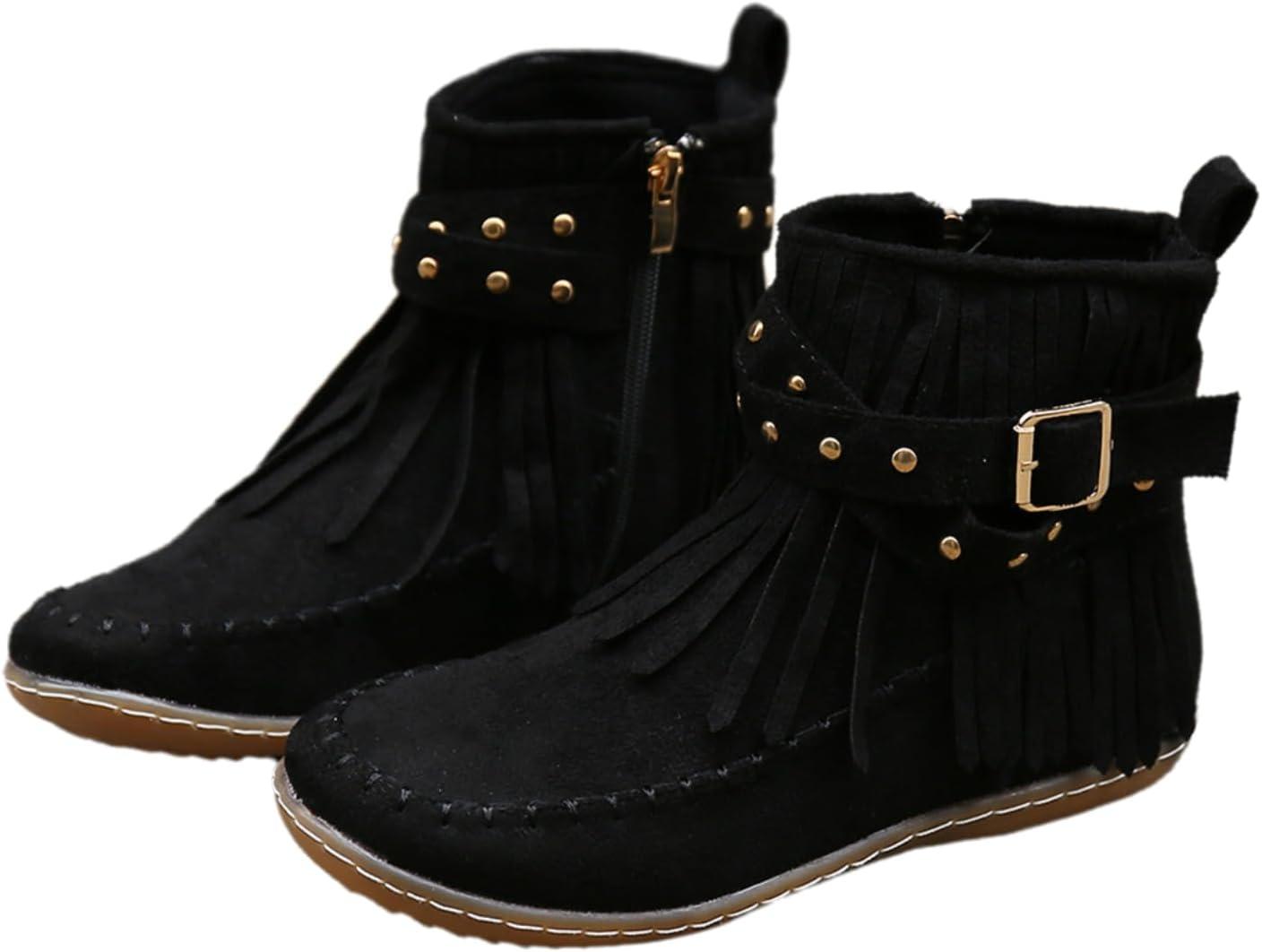 image:imageGnrique Bottines plates pour femmes bottines Chelsea bottes western dtails franges cloutes bottes dhiver confortables et chaudes en daim synthtiqueNoir