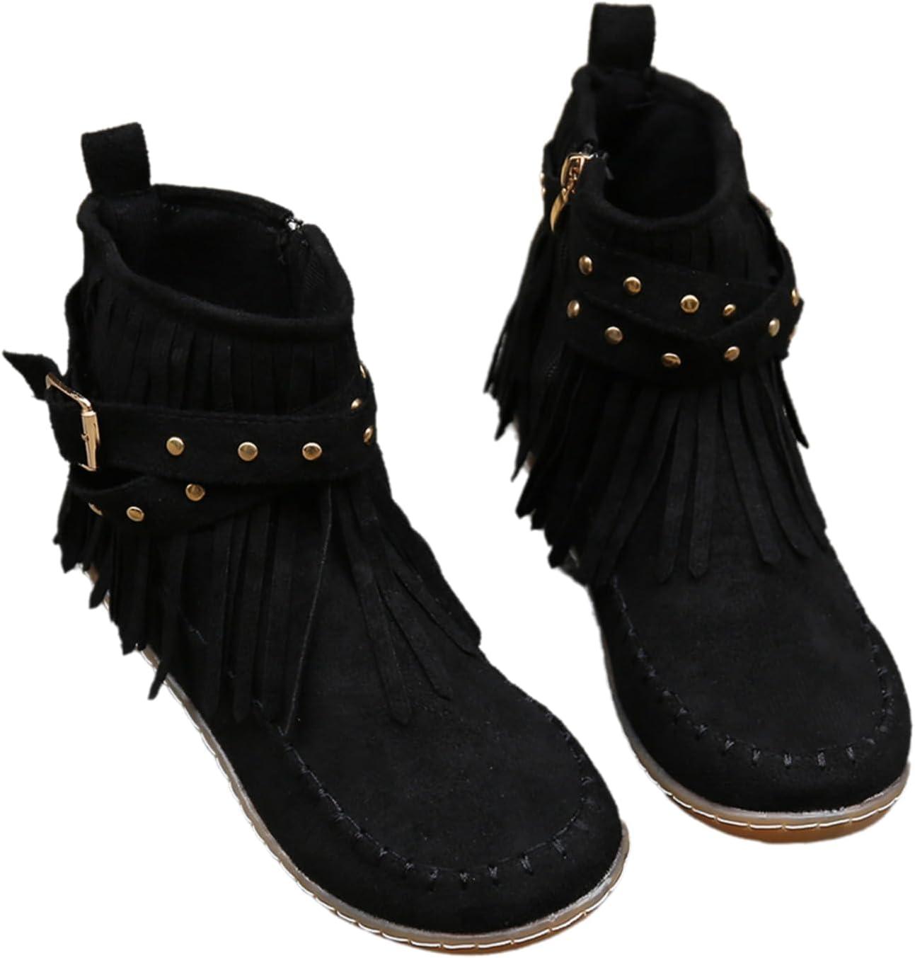 image:imageGnrique Bottines plates pour femmes bottines Chelsea bottes western dtails franges cloutes bottes dhiver confortables et chaudes en daim synthtiqueNoir