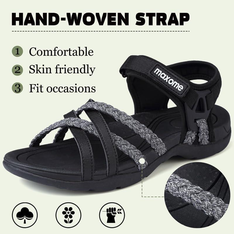 image:imageMaxome Sandales de randonne pour femme confortables et lgres pour la marche dt avec sangles fermeture autoagrippante idales pour la plageGris Noir