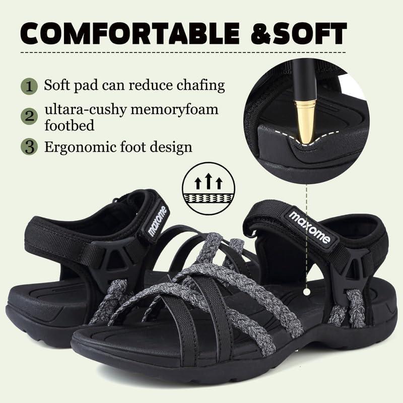 image:imageMaxome Sandales de randonne pour femme confortables et lgres pour la marche dt avec sangles fermeture autoagrippante idales pour la plageGris Noir
