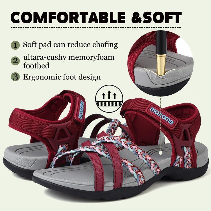 image:imageMaxome Sandales de randonne pour femme confortables et lgres pour la marche dt avec sangles fermeture autoagrippante idales pour la plageRouge Bordeaux Blanc