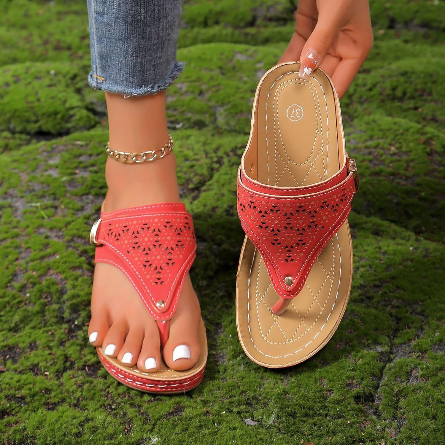 image:imageMules Femmes t Confortable Sandales en Cuir pour Femme Chausson Bout Ouvert Compenses Plateforme Pantoufles De Plage Et Claquettes De Piscine Femme Orthopdiques ChaussonsY Rouge
