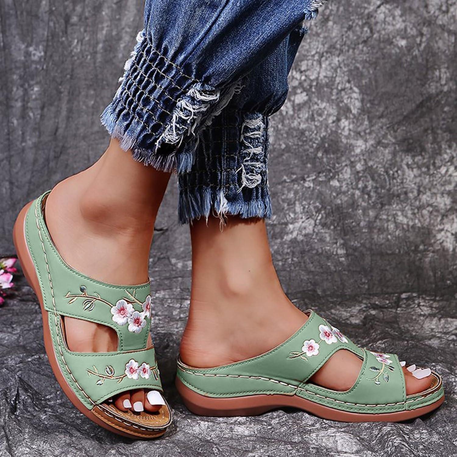 image:imageMules Femmes t Confortable Sandales en Cuir pour Femme Chausson Bout Ouvert Compenses Plateforme Pantoufles De Plage Et Claquettes De Piscine Femme Orthopdiques ChaussonsVert