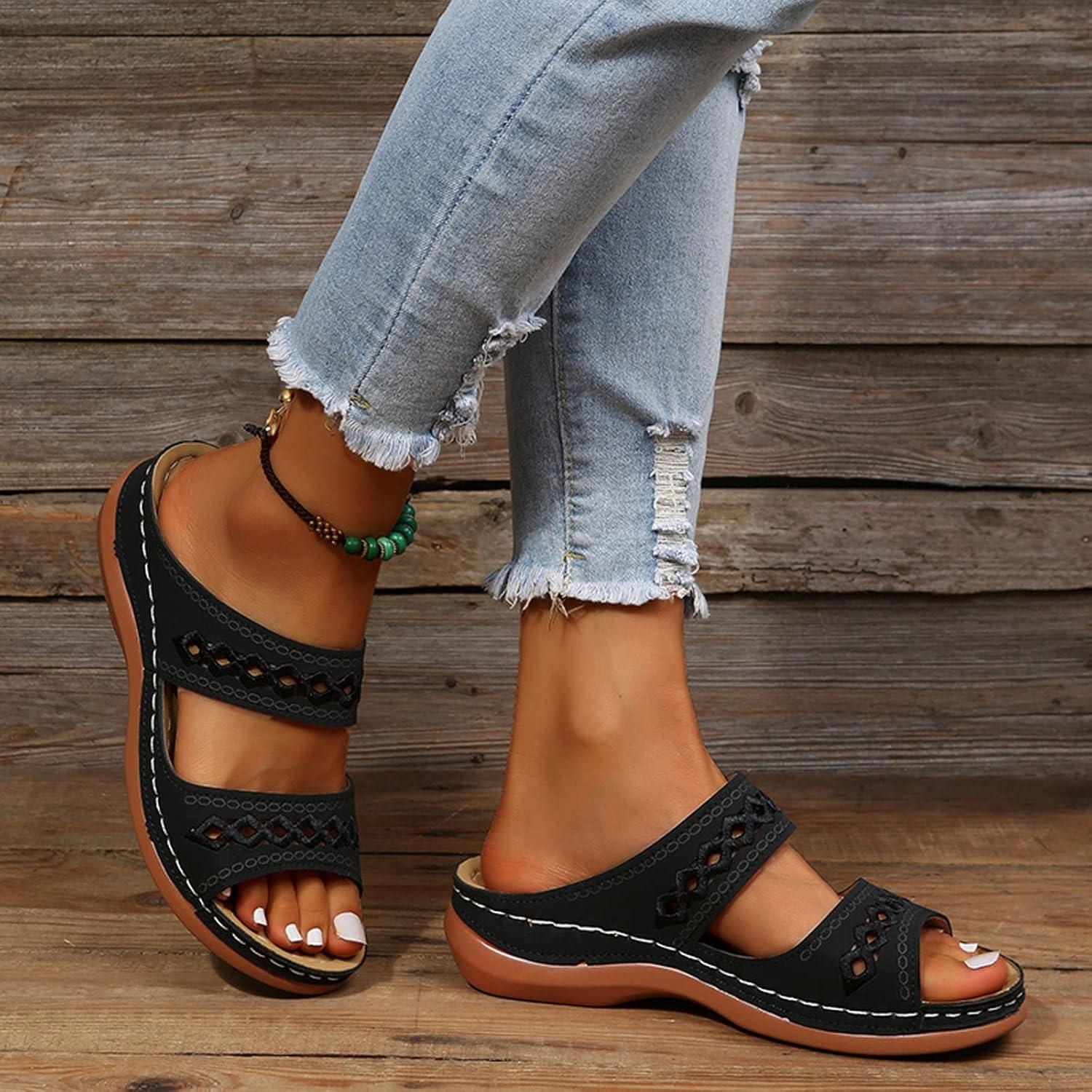 image:imageMules Femmes t Confortable Sandales en Cuir pour Femme Chausson Bout Ouvert Compenses Plateforme Pantoufles De Plage Et Claquettes De Piscine Femme Orthopdiques ChaussonsZ le Noir