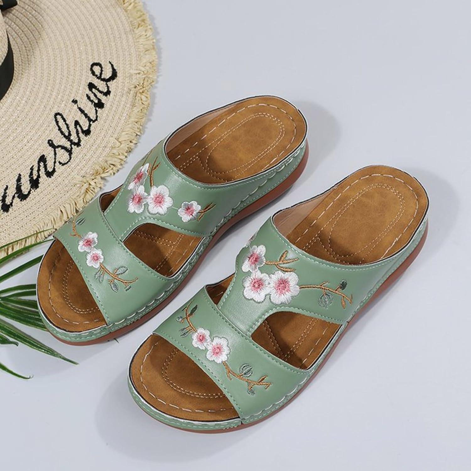image:imageMules Femmes t Confortable Sandales en Cuir pour Femme Chausson Bout Ouvert Compenses Plateforme Pantoufles De Plage Et Claquettes De Piscine Femme Orthopdiques ChaussonsVert