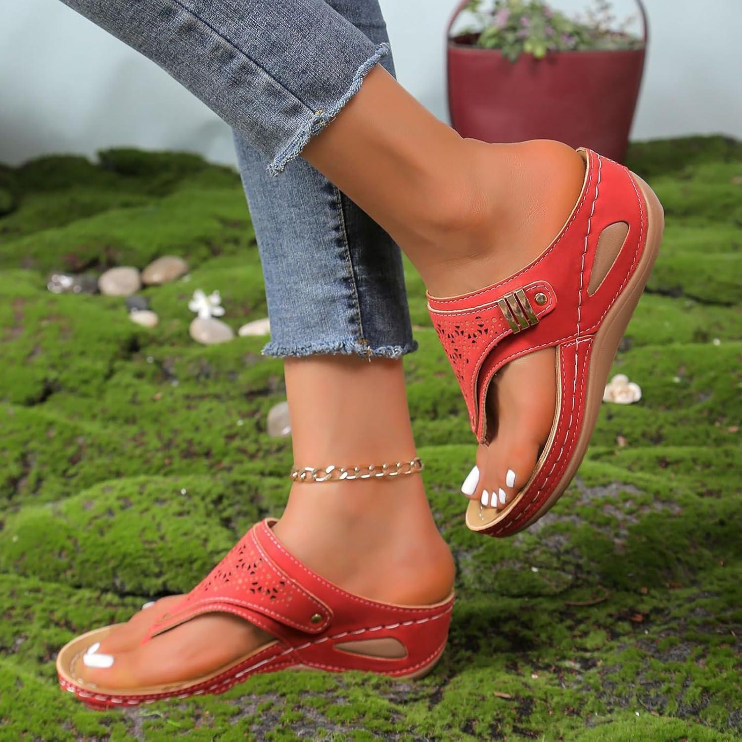 image:imageMules Femmes t Confortable Sandales en Cuir pour Femme Chausson Bout Ouvert Compenses Plateforme Pantoufles De Plage Et Claquettes De Piscine Femme Orthopdiques ChaussonsY Rouge