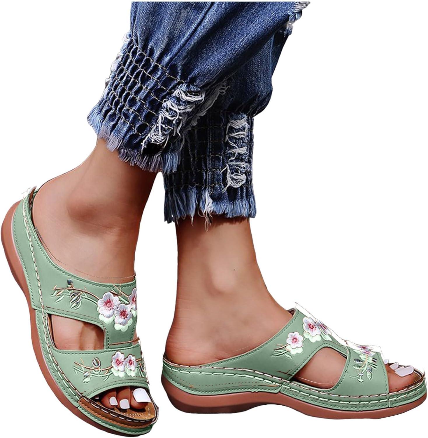 image:imageMules Femmes t Confortable Sandales en Cuir pour Femme Chausson Bout Ouvert Compenses Plateforme Pantoufles De Plage Et Claquettes De Piscine Femme Orthopdiques ChaussonsVert