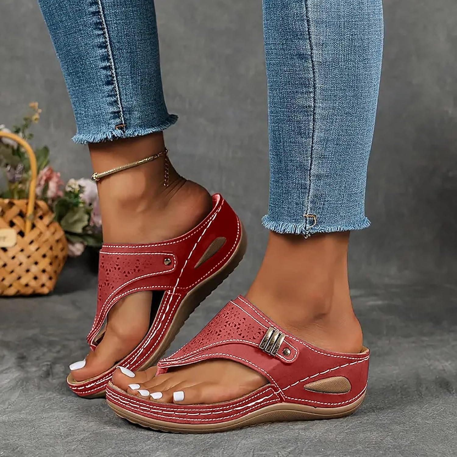 image:imageMules Femmes t Confortable Sandales en Cuir pour Femme Chausson Bout Ouvert Compenses Plateforme Pantoufles De Plage Et Claquettes De Piscine Femme Orthopdiques ChaussonsY Rouge