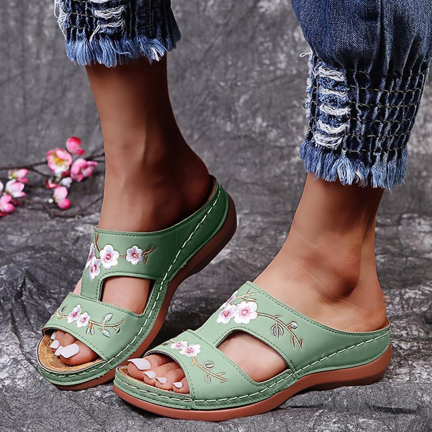 image:imageMules Femmes t Confortable Sandales en Cuir pour Femme Chausson Bout Ouvert Compenses Plateforme Pantoufles De Plage Et Claquettes De Piscine Femme Orthopdiques ChaussonsVert