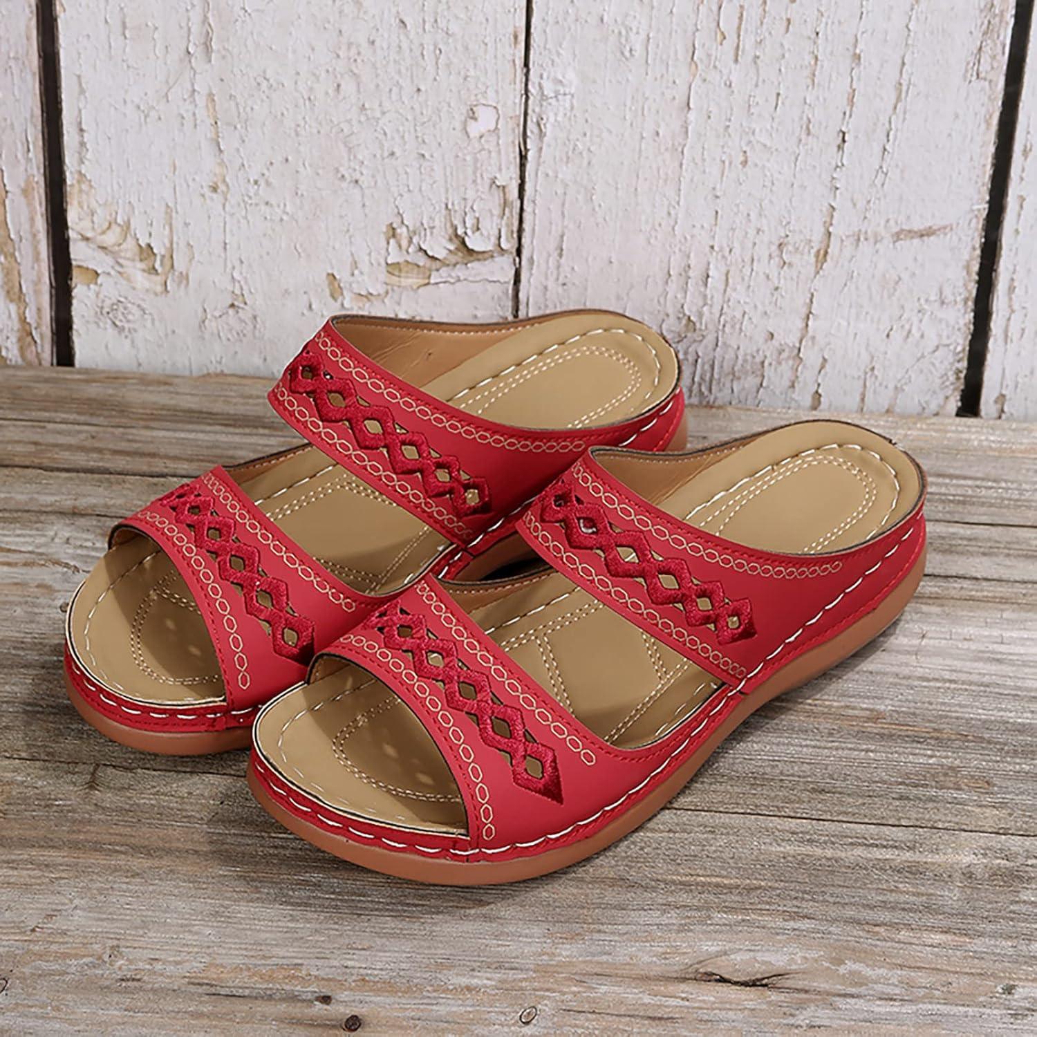 image:imageMules Femmes t Confortable Sandales en Cuir pour Femme Chausson Bout Ouvert Compenses Plateforme Pantoufles De Plage Et Claquettes De Piscine Femme Orthopdiques ChaussonsZ Rouge