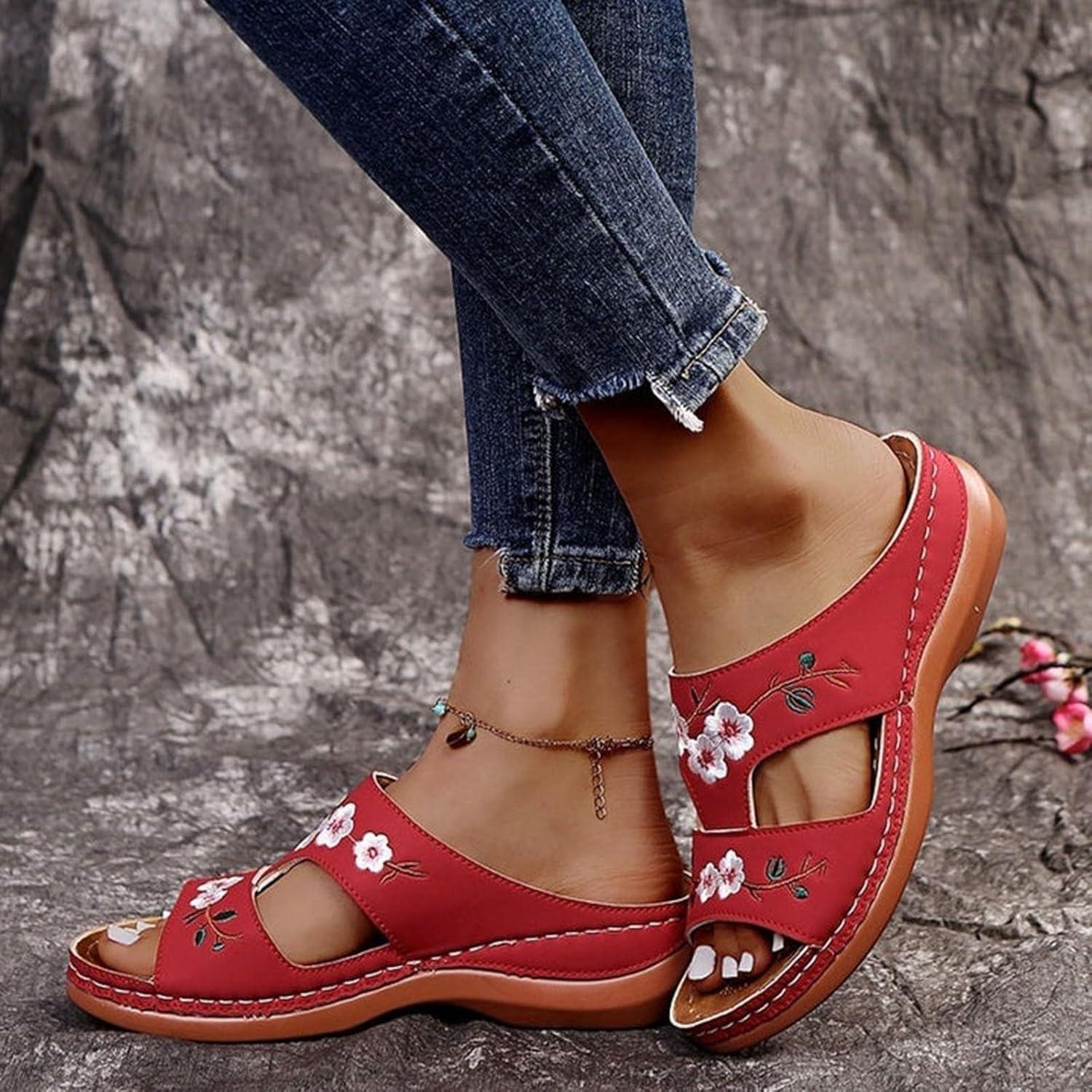 image:imageMules Femmes t Confortable Sandales en Cuir pour Femme Chausson Bout Ouvert Compenses Plateforme Pantoufles De Plage Et Claquettes De Piscine Femme Orthopdiques ChaussonsRouge