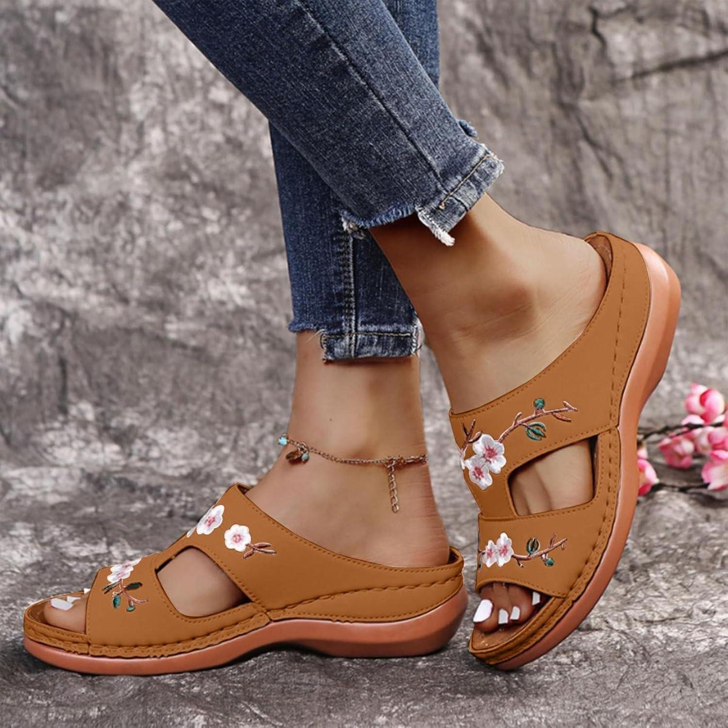 image:imageMules Femmes t Confortable Sandales en Cuir pour Femme Chausson Bout Ouvert Compenses Plateforme Pantoufles De Plage Et Claquettes De Piscine Femme Orthopdiques ChaussonsBrun