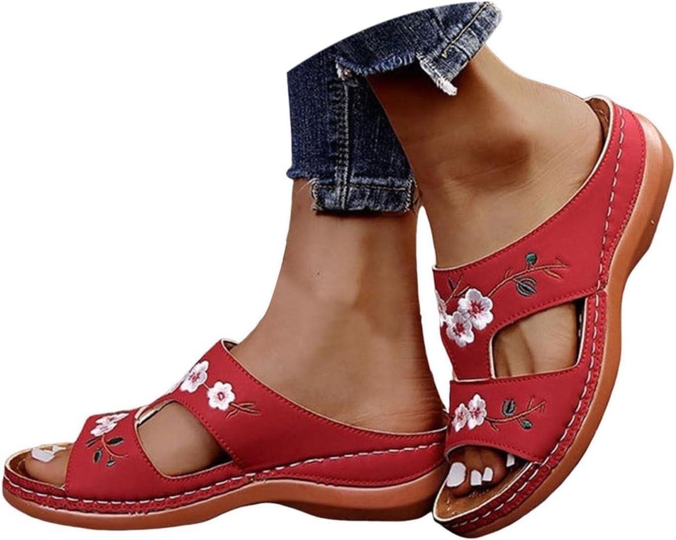 image:imageMules Femmes t Confortable Sandales en Cuir pour Femme Chausson Bout Ouvert Compenses Plateforme Pantoufles De Plage Et Claquettes De Piscine Femme Orthopdiques ChaussonsRouge