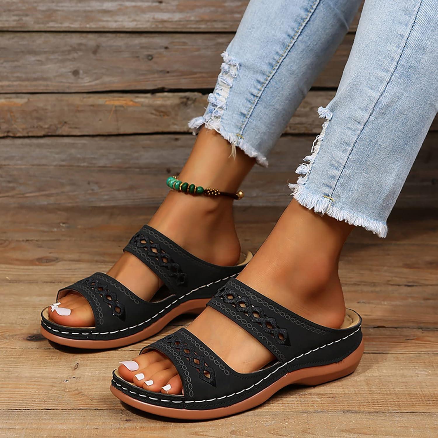 image:imageMules Femmes t Confortable Sandales en Cuir pour Femme Chausson Bout Ouvert Compenses Plateforme Pantoufles De Plage Et Claquettes De Piscine Femme Orthopdiques ChaussonsZ le Noir