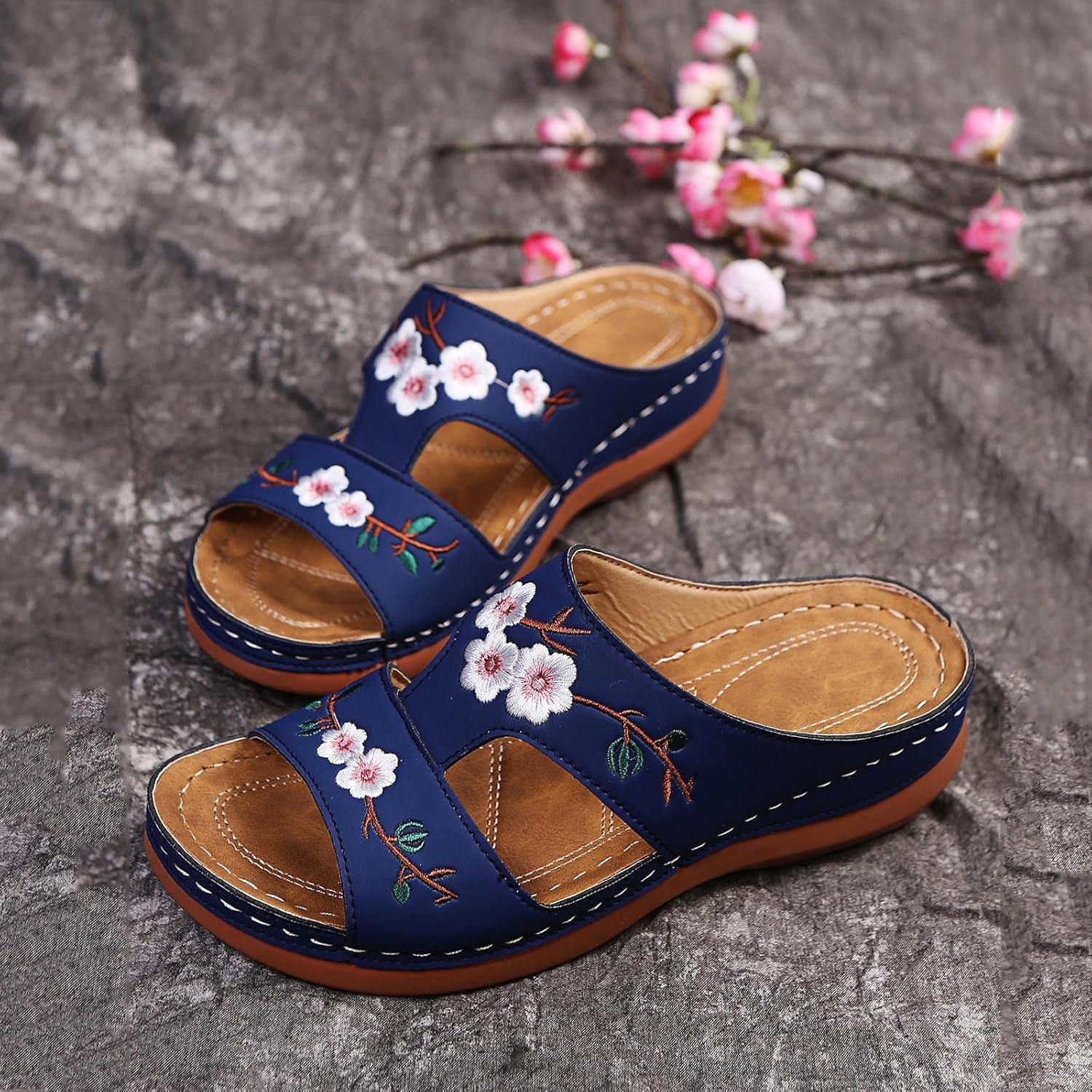 image:imageMules Femmes t Confortable Sandales en Cuir pour Femme Chausson Bout Ouvert Compenses Plateforme Pantoufles De Plage Et Claquettes De Piscine Femme Orthopdiques ChaussonsBleu