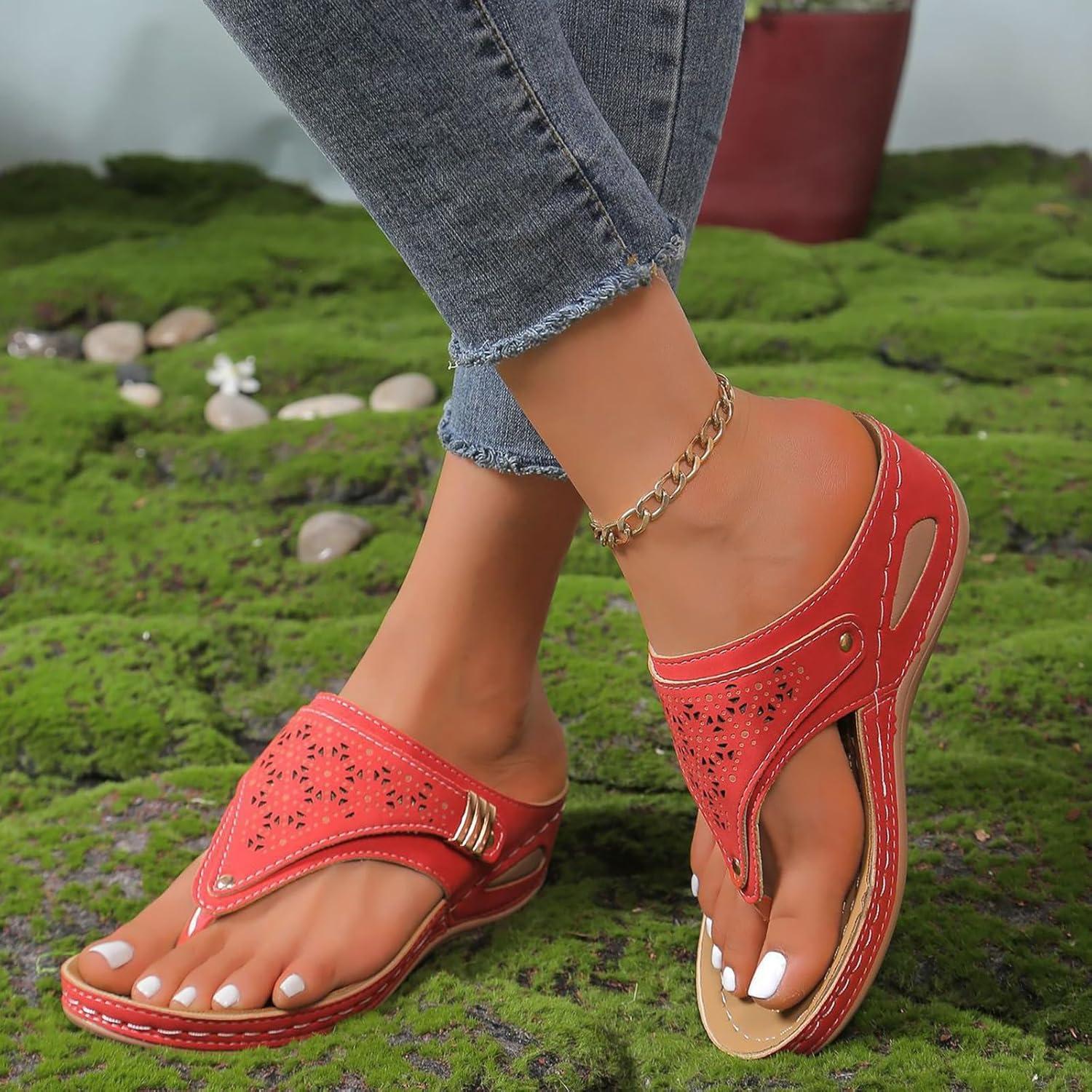 image:imageMules Femmes t Confortable Sandales en Cuir pour Femme Chausson Bout Ouvert Compenses Plateforme Pantoufles De Plage Et Claquettes De Piscine Femme Orthopdiques ChaussonsY Rouge