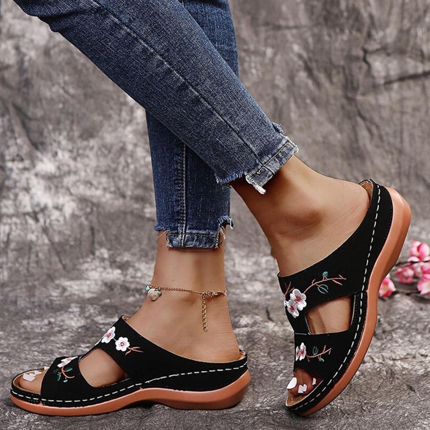 image:imageMules Femmes t Confortable Sandales en Cuir pour Femme Chausson Bout Ouvert Compenses Plateforme Pantoufles De Plage Et Claquettes De Piscine Femme Orthopdiques ChaussonsLe Noir