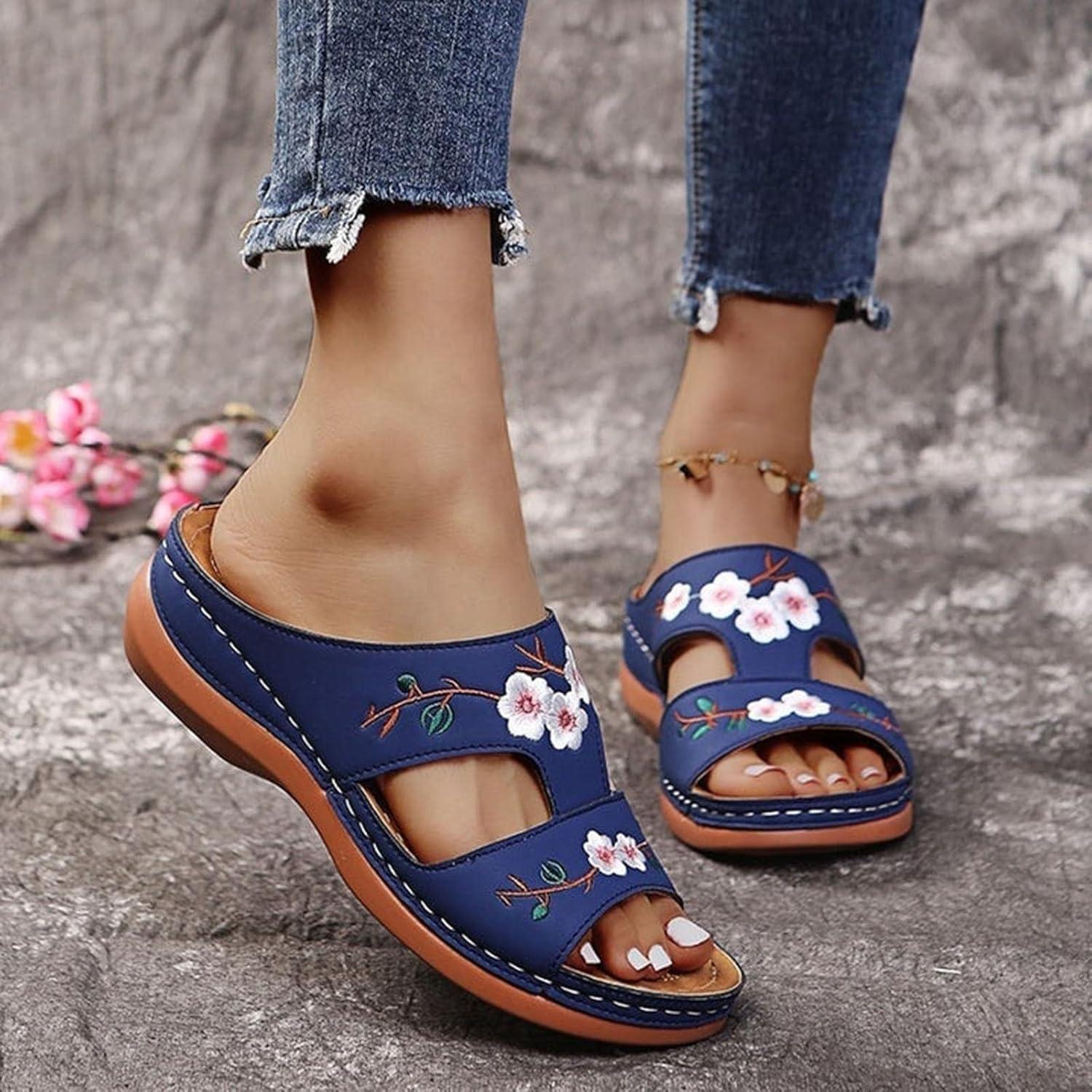 image:imageMules Femmes t Confortable Sandales en Cuir pour Femme Chausson Bout Ouvert Compenses Plateforme Pantoufles De Plage Et Claquettes De Piscine Femme Orthopdiques ChaussonsBleu