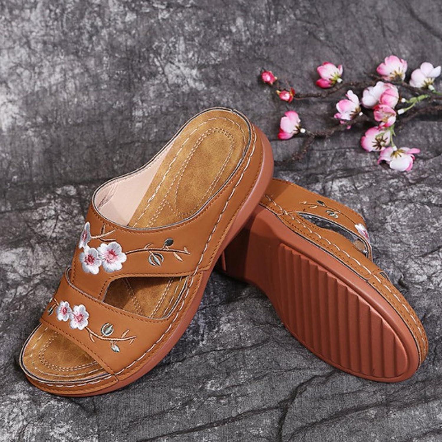 image:imageMules Femmes t Confortable Sandales en Cuir pour Femme Chausson Bout Ouvert Compenses Plateforme Pantoufles De Plage Et Claquettes De Piscine Femme Orthopdiques ChaussonsBrun