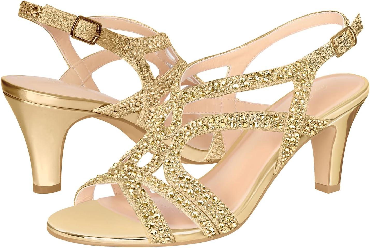 image:imagePIZZ ANNU Amelia Sandales Femme t Confortable Et NuPieds Confort Talon Chic Mariage Chaussures Slingback Bout Ouvert avec Strass Brillants pour Crmonie Et SoireDor