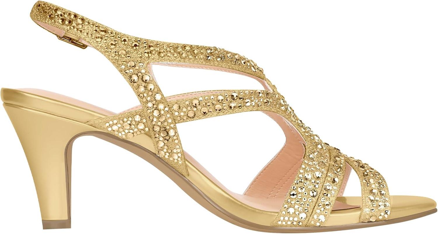 image:imagePIZZ ANNU Amelia Sandales Femme t Confortable Et NuPieds Confort Talon Chic Mariage Chaussures Slingback Bout Ouvert avec Strass Brillants pour Crmonie Et SoireDor