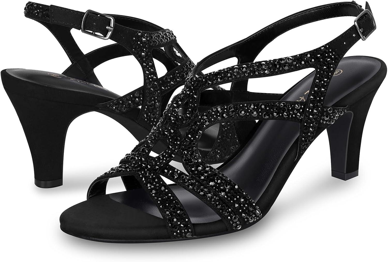 image:imagePIZZ ANNU Amelia Sandales Femme t Confortable Et NuPieds Confort Talon Chic Mariage Chaussures Slingback Bout Ouvert avec Strass Brillants pour Crmonie Et SoireNoir
