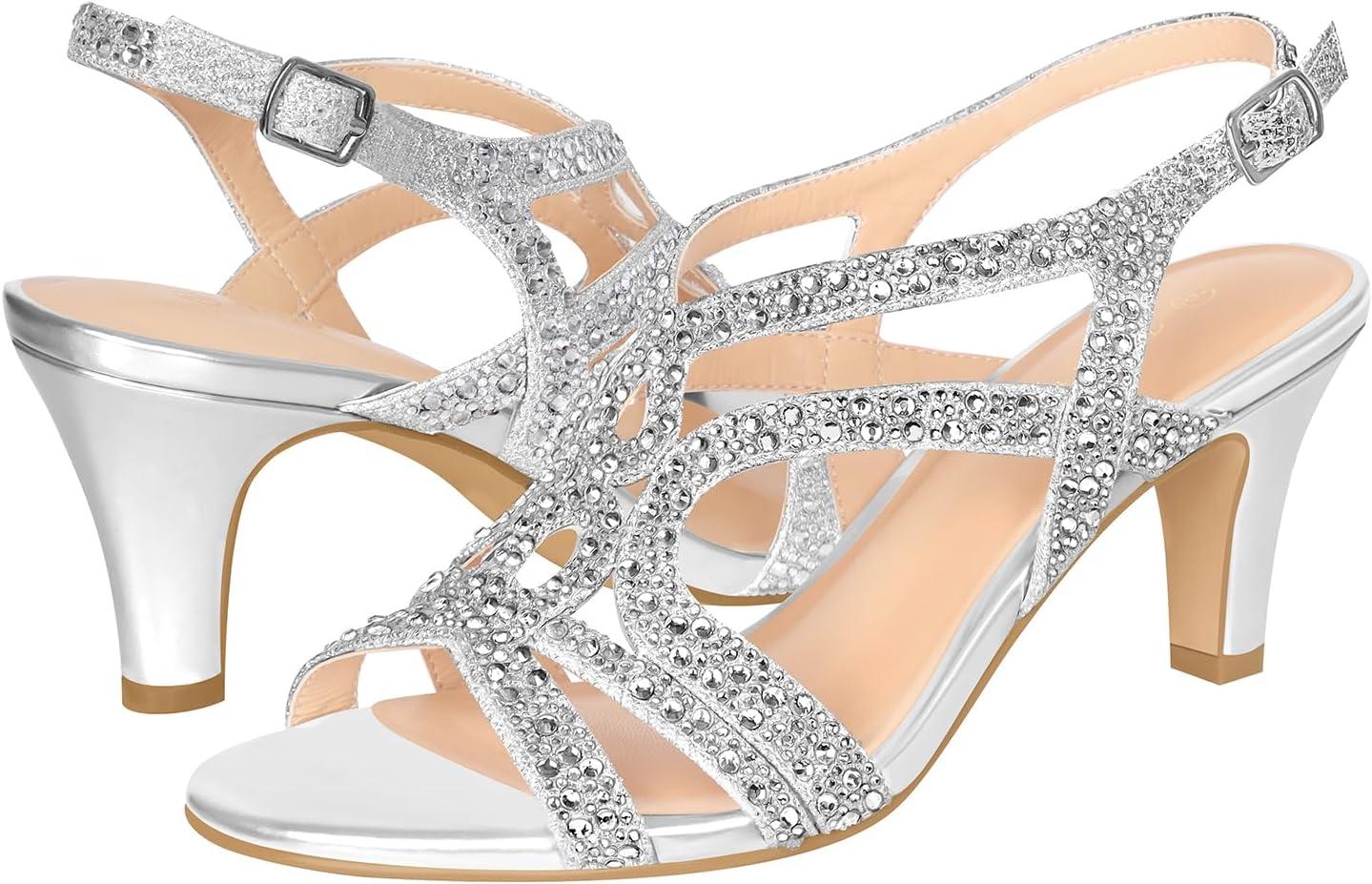 image:imagePIZZ ANNU Amelia Sandales Femme t Confortable Et NuPieds Confort Talon Chic Mariage Chaussures Slingback Bout Ouvert avec Strass Brillants pour Crmonie Et SoireArgent