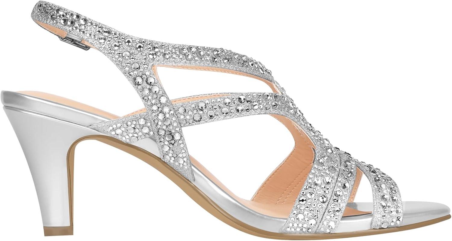 image:imagePIZZ ANNU Amelia Sandales Femme t Confortable Et NuPieds Confort Talon Chic Mariage Chaussures Slingback Bout Ouvert avec Strass Brillants pour Crmonie Et SoireArgent