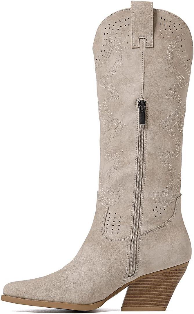 image:imageQUEEN HELENA Camperos Bottes Texani perfores avec talon Western Cowboy bout bottines avec fermeture clair latrale pour femme X28100Beige