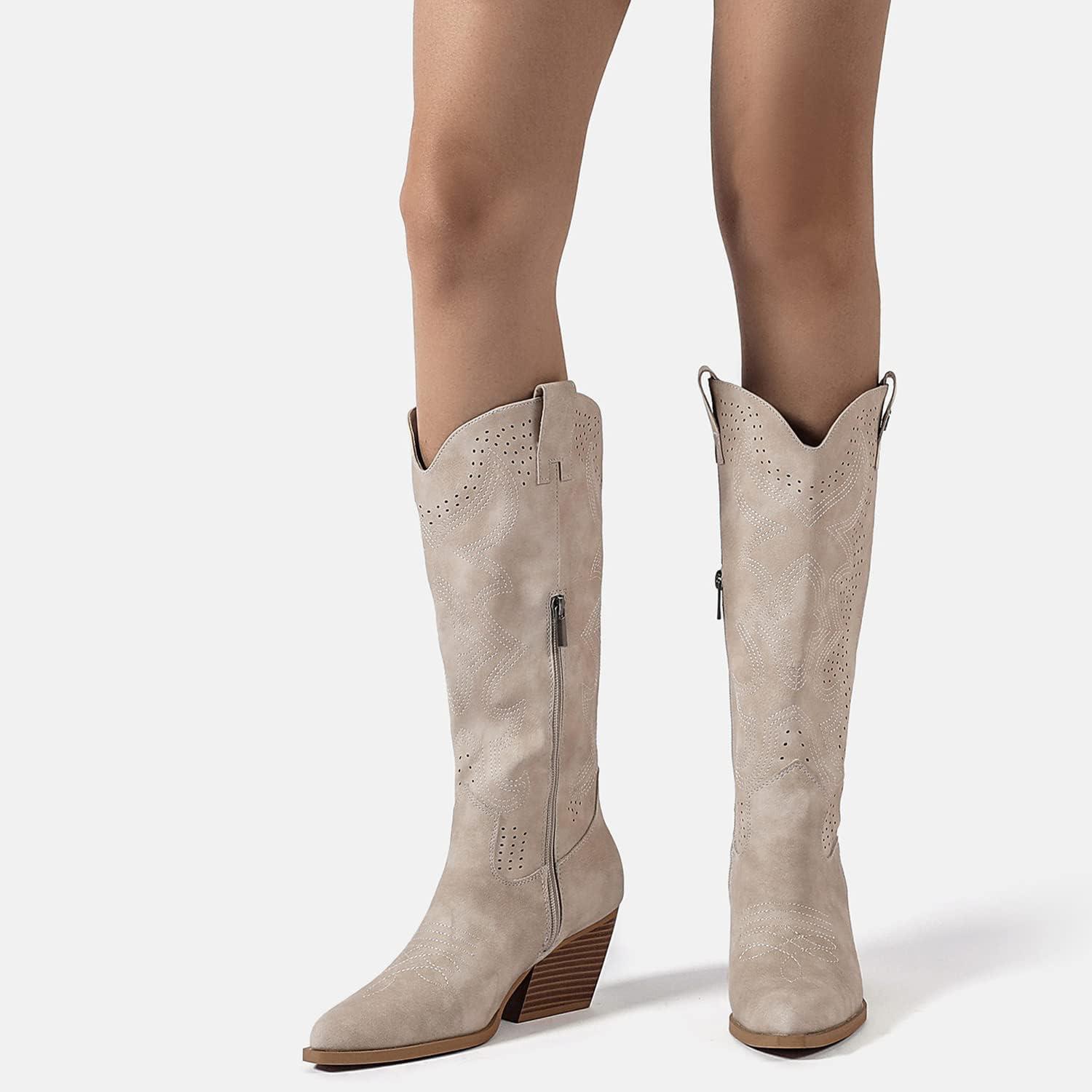 image:imageQUEEN HELENA Camperos Bottes Texani perfores avec talon Western Cowboy bout bottines avec fermeture clair latrale pour femme X28100Beige