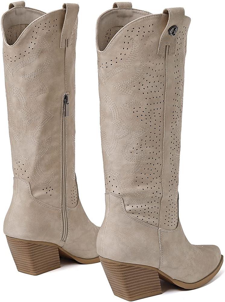 image:imageQUEEN HELENA Camperos Bottes Texani perfores avec talon Western Cowboy bout bottines avec fermeture clair latrale pour femme X28100Beige
