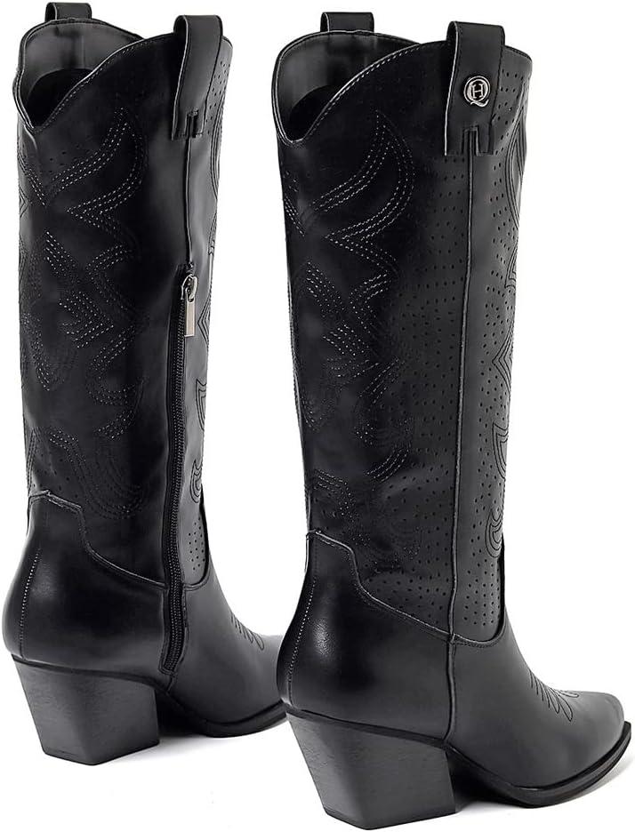image:imageQUEEN HELENA Camperos Bottes Texani perfores avec talon Western Cowboy bout bottines avec fermeture clair latrale pour femme X28100Noir