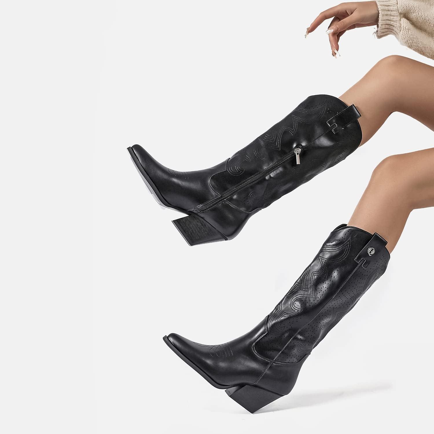 image:imageQUEEN HELENA Camperos Bottes Texani perfores avec talon Western Cowboy bout bottines avec fermeture clair latrale pour femme X28100Noir