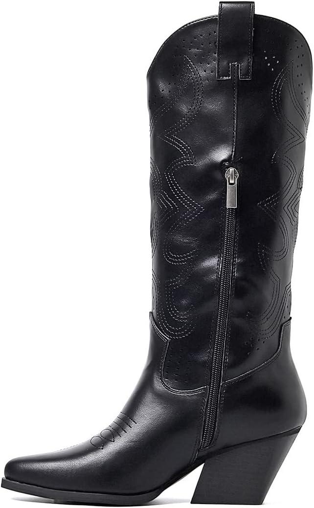 image:imageQUEEN HELENA Camperos Bottes Texani perfores avec talon Western Cowboy bout bottines avec fermeture clair latrale pour femme X28100Noir