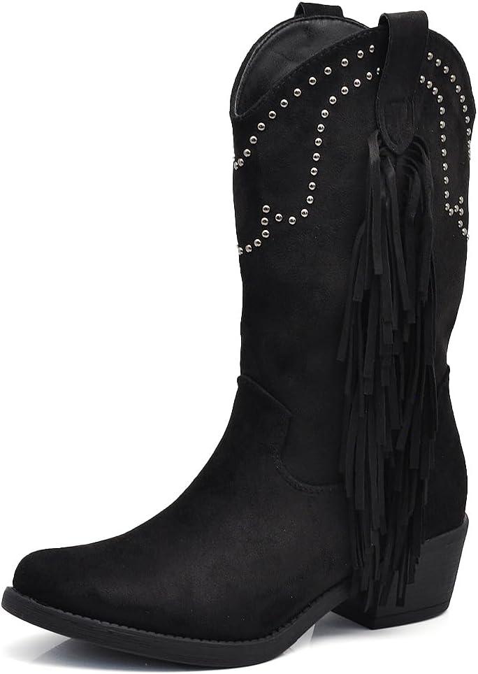 image:imageTexani Cowboy Western Chaussures pour femme Bottes Frange Camperos Etnici 625995 Noir