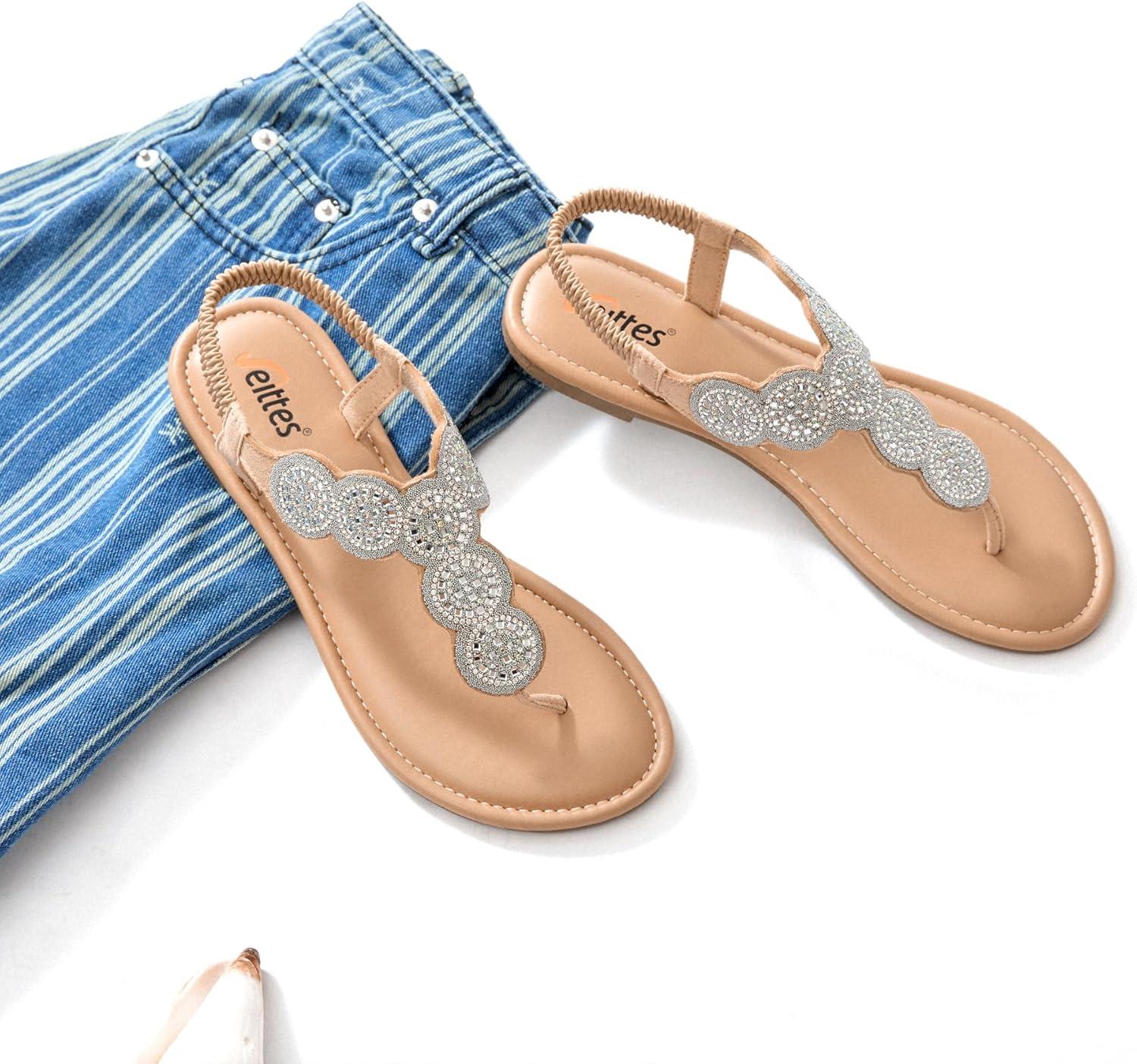image:imageVeittes sandales boho plates pour femmes Sandales lgantes et confortables bride lastique arrire sabot ouvert sandales tong dt avec strass et sangle de chevilleArgent Fr2307004