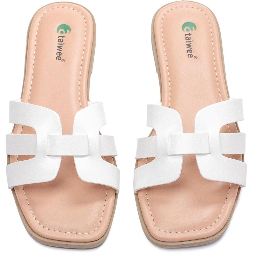 image:imageAtaiwee Sandales Plates pour Femme lgantes Sandales Mules Plates Bout Carr Confortables et Enfiler Lgres pour lt et lUsage QuotidienBlanc Fr7018