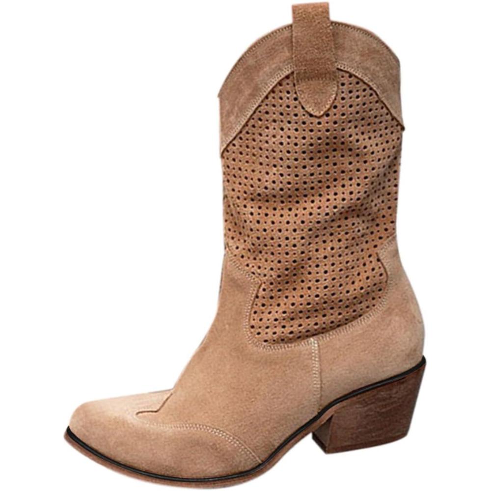 image:imageBottes de cowboy en daim pour femme Bottes western talon bloc Marron Taille mimollet Bout pointu Avec fermeture clair latrale Lgres respirantes lgantes et polyvalentesMarron