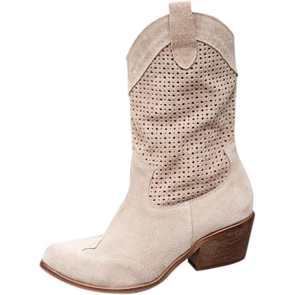 image:imageBottes de cowboy en daim pour femme Bottes western talon bloc Marron Taille mimollet Bout pointu Avec fermeture clair latrale Lgres respirantes lgantes et polyvalentesBeige