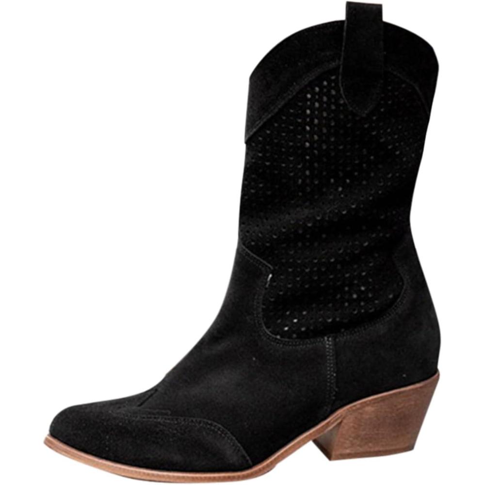 image:imageBottes de cowboy en daim pour femme Bottes western talon bloc Marron Taille mimollet Bout pointu Avec fermeture clair latrale Lgres respirantes lgantes et polyvalentesNoir