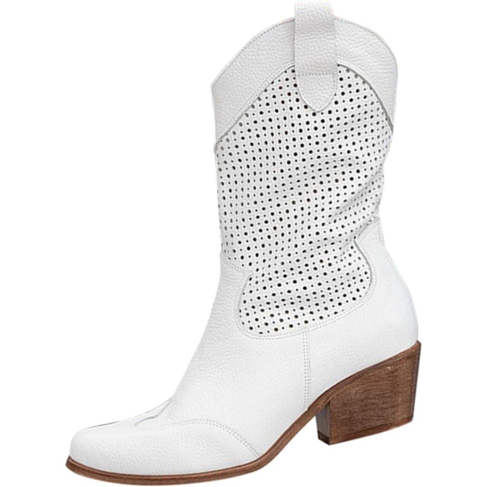 image:imageBottes de cowboy en daim pour femme Bottes western talon bloc Marron Taille mimollet Bout pointu Avec fermeture clair latrale Lgres respirantes lgantes et polyvalentesBlanc