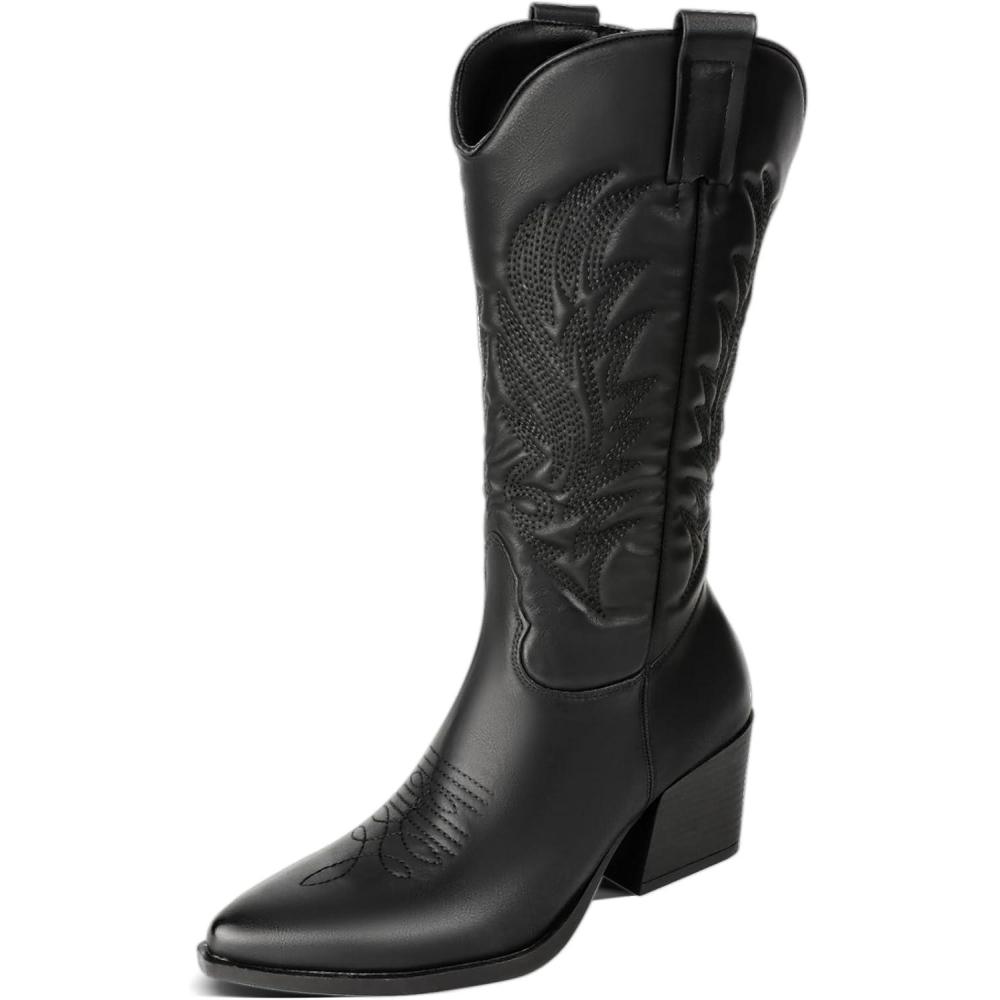 image:imageBottes de cowboy pour femme avec talon bloc de 6 cm bottes western en cuir synthtique avec tige moyenne bottes de cowboy confortables pour lautomne et lhiver au look vintage tendanceNoir avec Broderie
