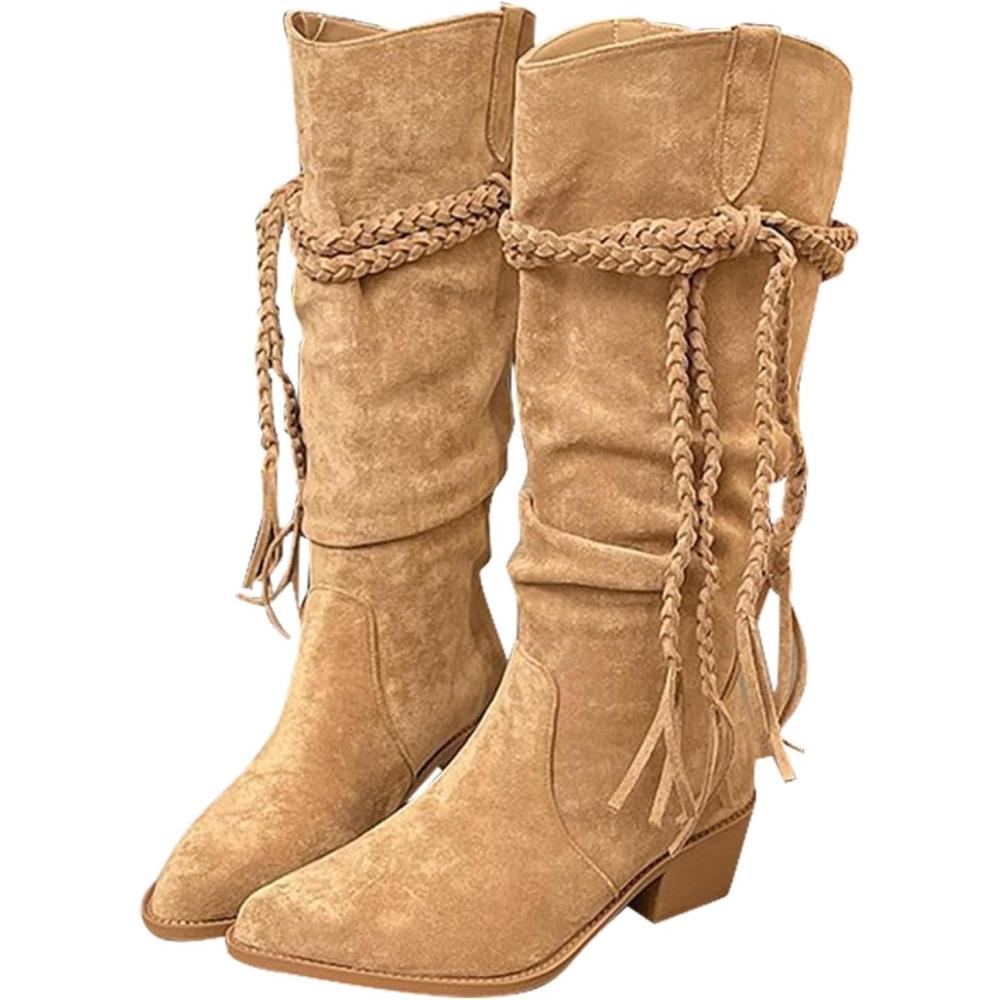 image:imageBottines Femme Bottes Western En Daim Lacets Tresss Style Cowboy Bottes Longues Talon Moyen Bout Pointu Antidrapant Elegant Boots Automne Et HiverBrun