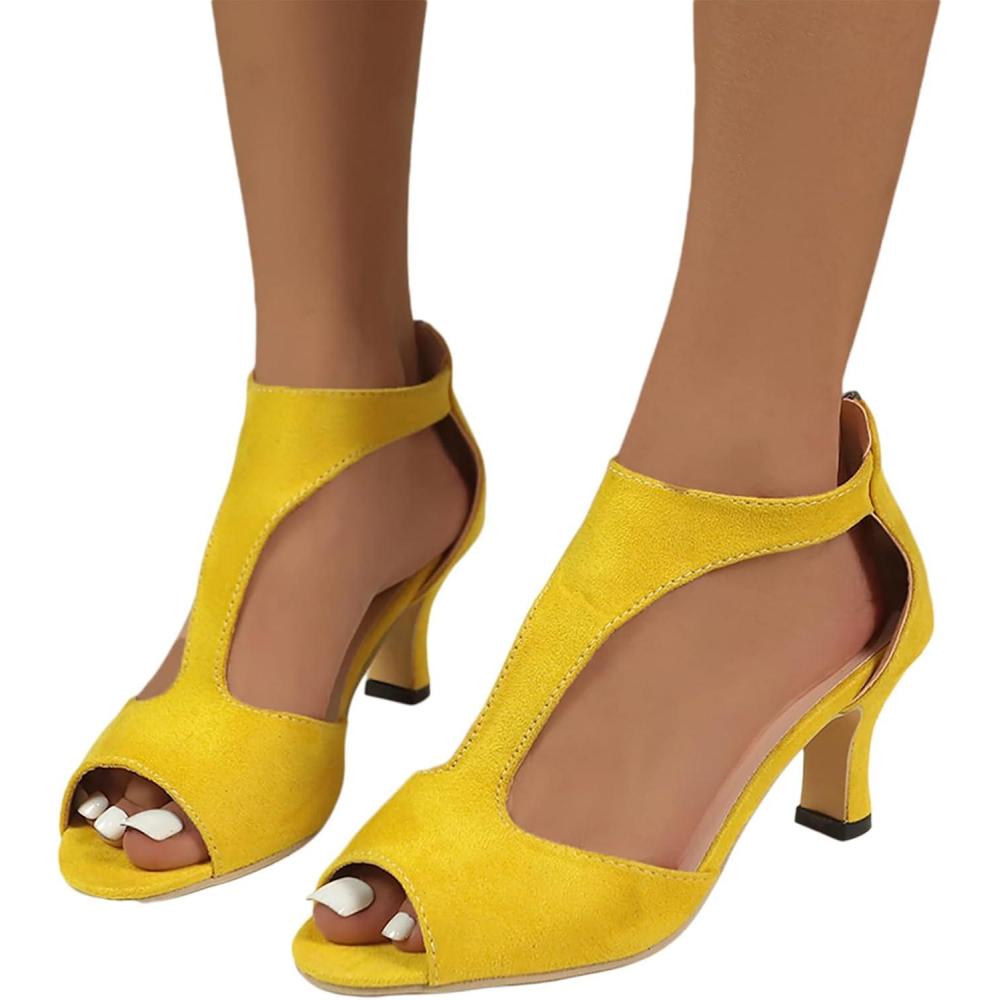 image:imageChaussure Femme Petit Talon Sandales Compenses NuPieds Chaussures Ete Ouvertes Escarpins Couleur Unie Talon Soire High Heels Chic Et Confort Orthopedique Poisson Bouche SandaleA08jaune